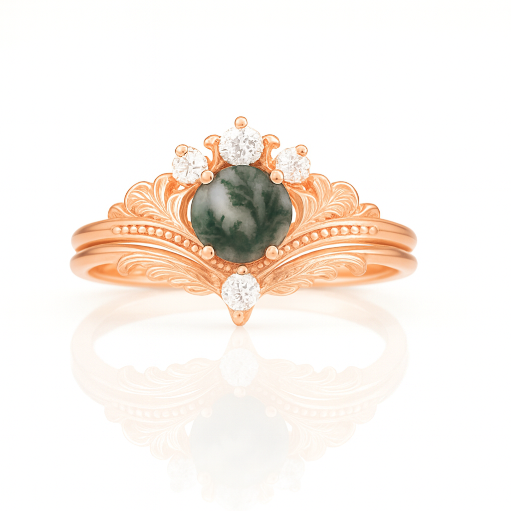 Ashla Moss Agate Ring Set Rose Gold