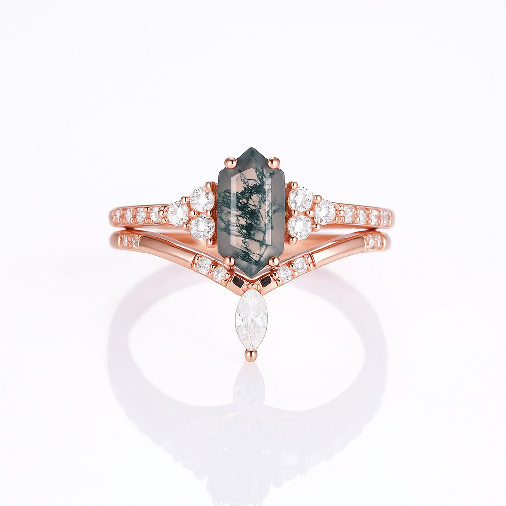 Joslyn Moss Agate Quartz Ring Set Rose Gold