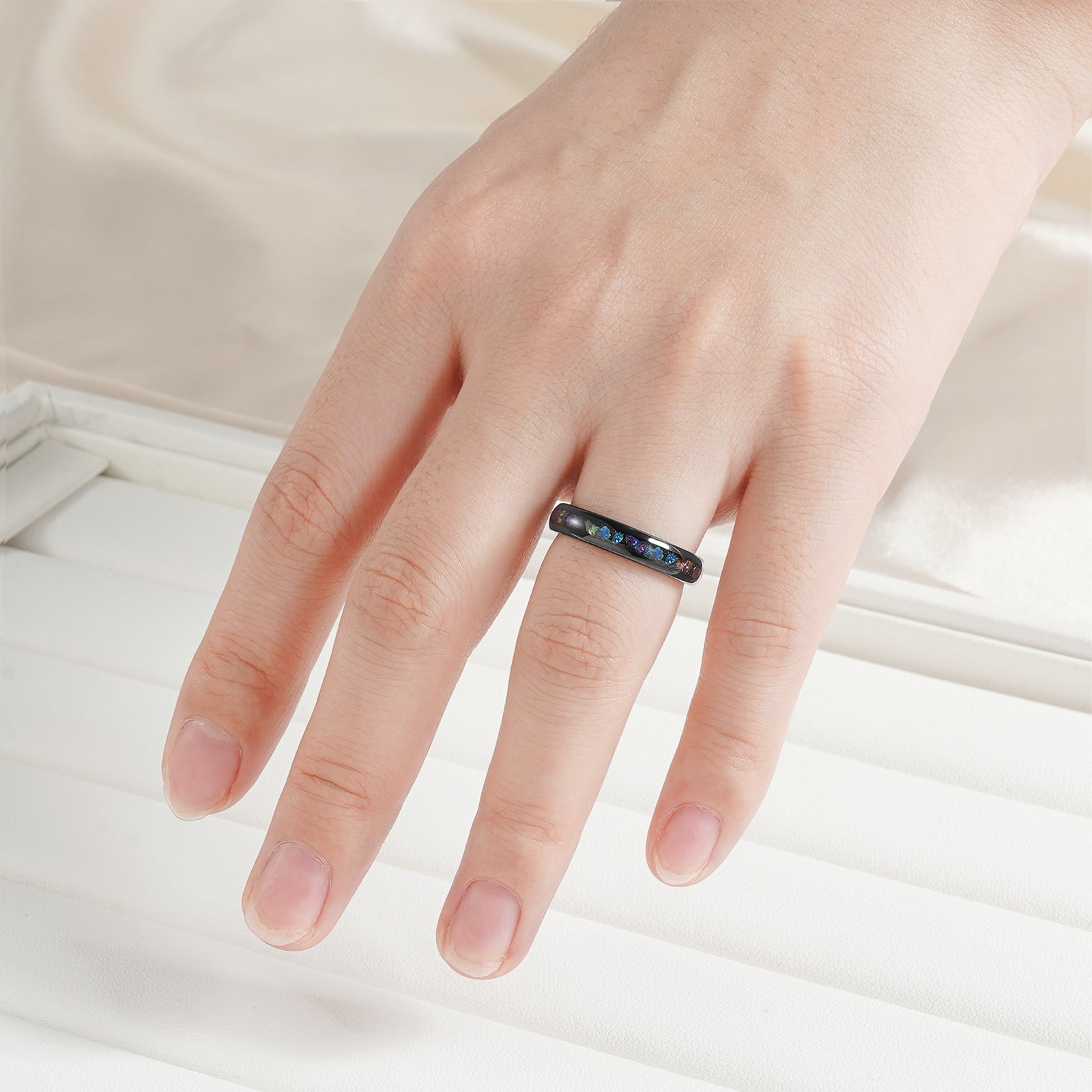 Starry Night tungsten ring with black opal inlay