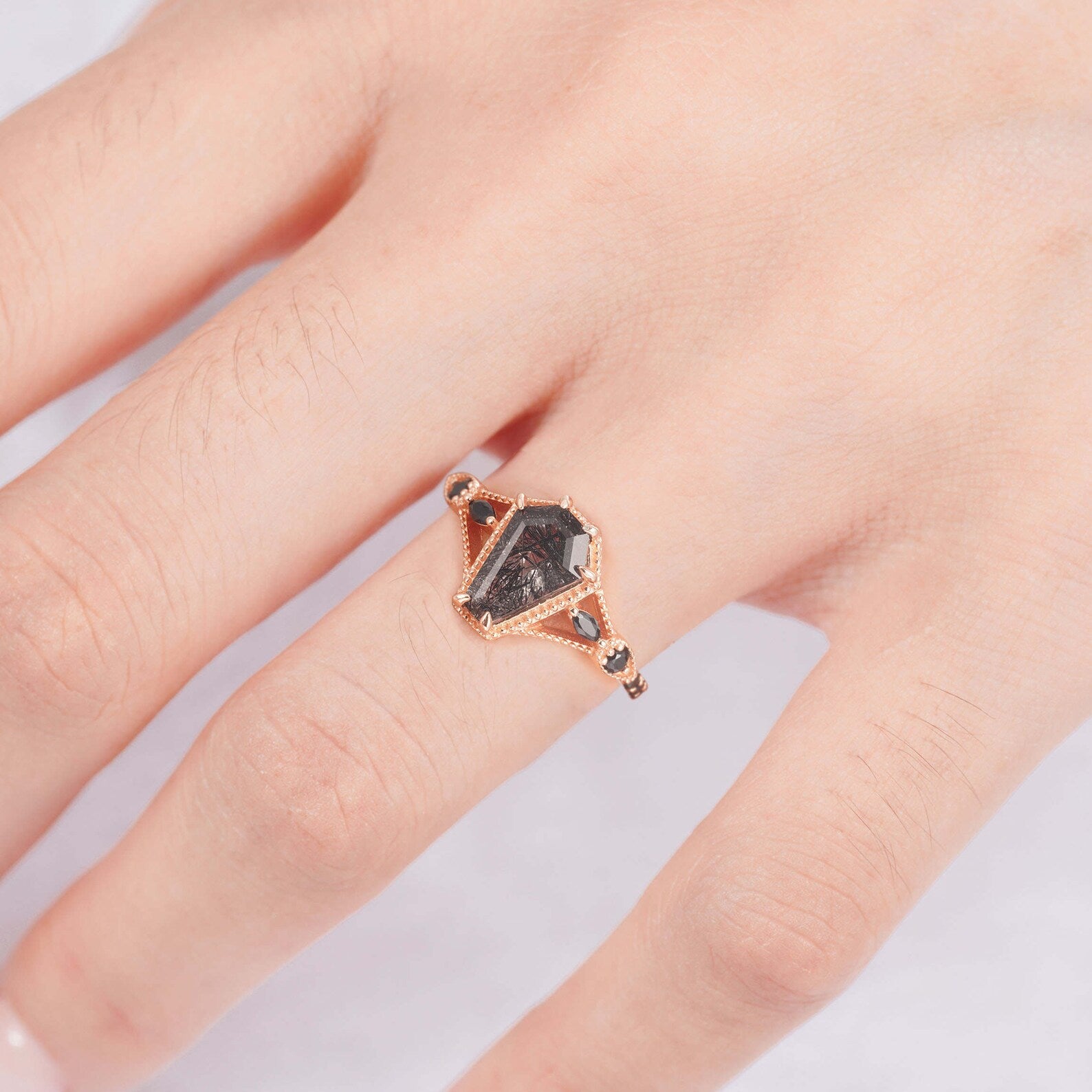 Carmen Coffin Cut Black Rutilated Quartz Ring