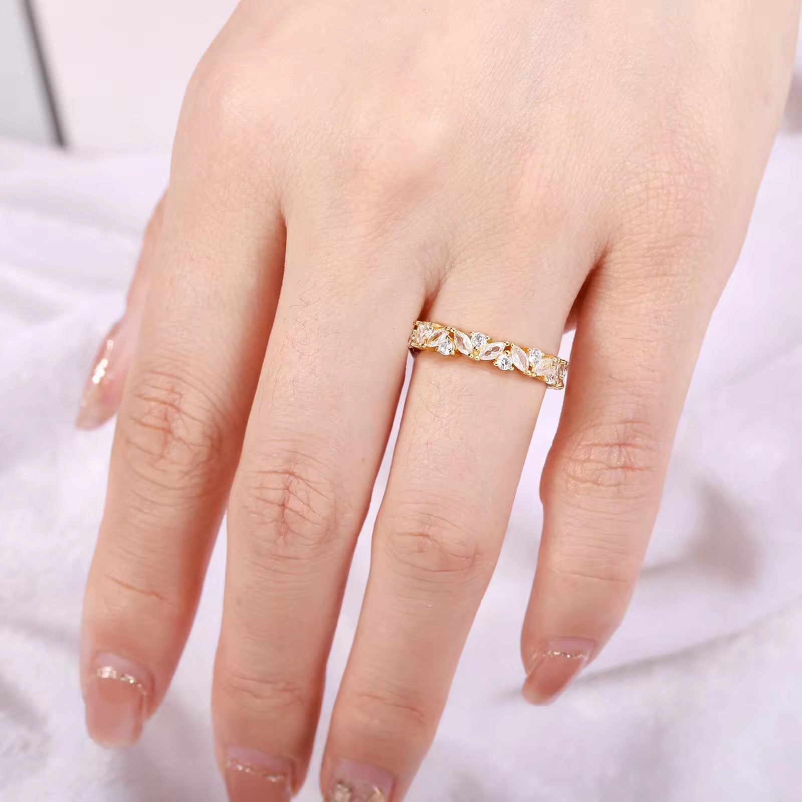 Abi Moissanite Marquise and Round Wedding Band Sterling Silver