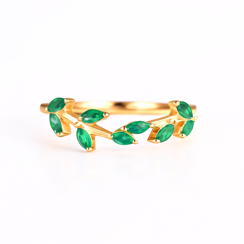 Sammi Curved Emerald Leaf Band Gold
