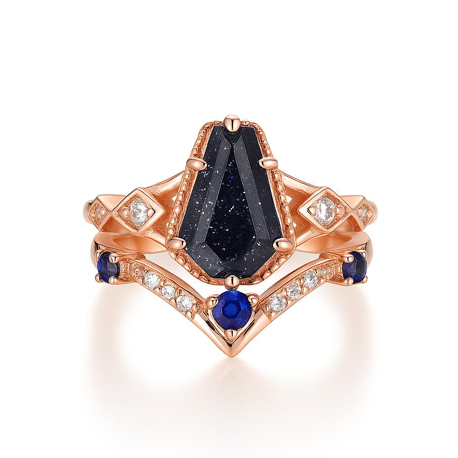 Atra Coffin Cut Blue Sandstone Ring Set Rose Gold