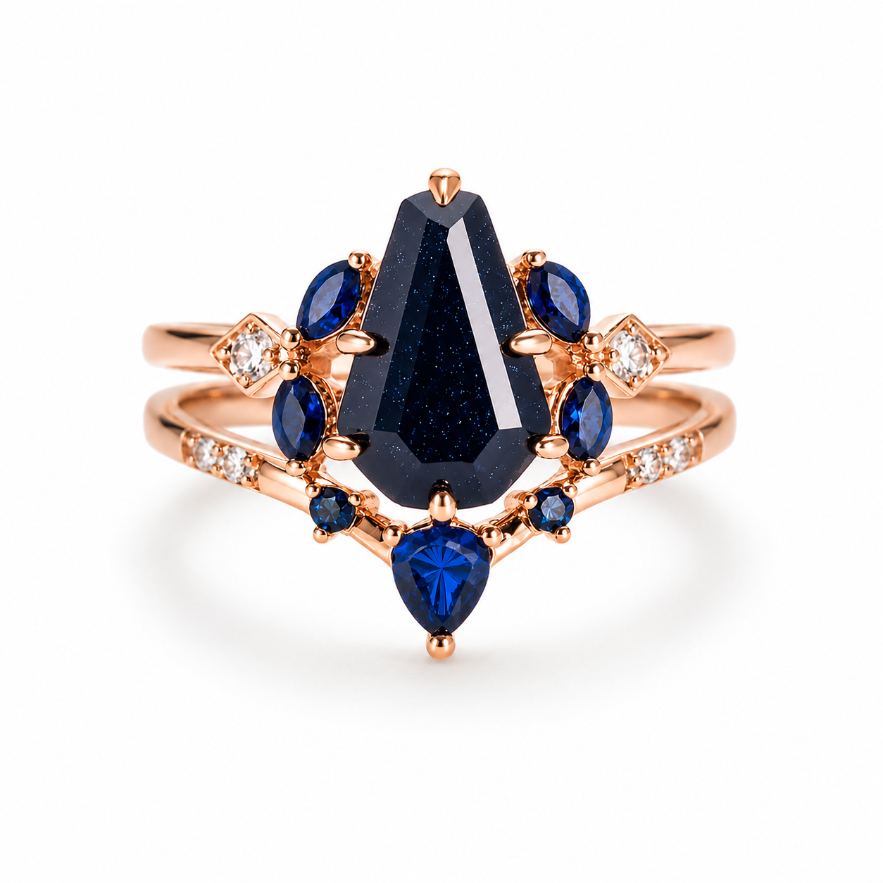 Skye Coffin Cut Blue Sandstone Ring Set Rose Gold