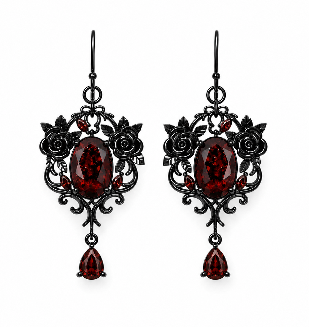 Nadine Gothic Garnet Black Gold Earrings