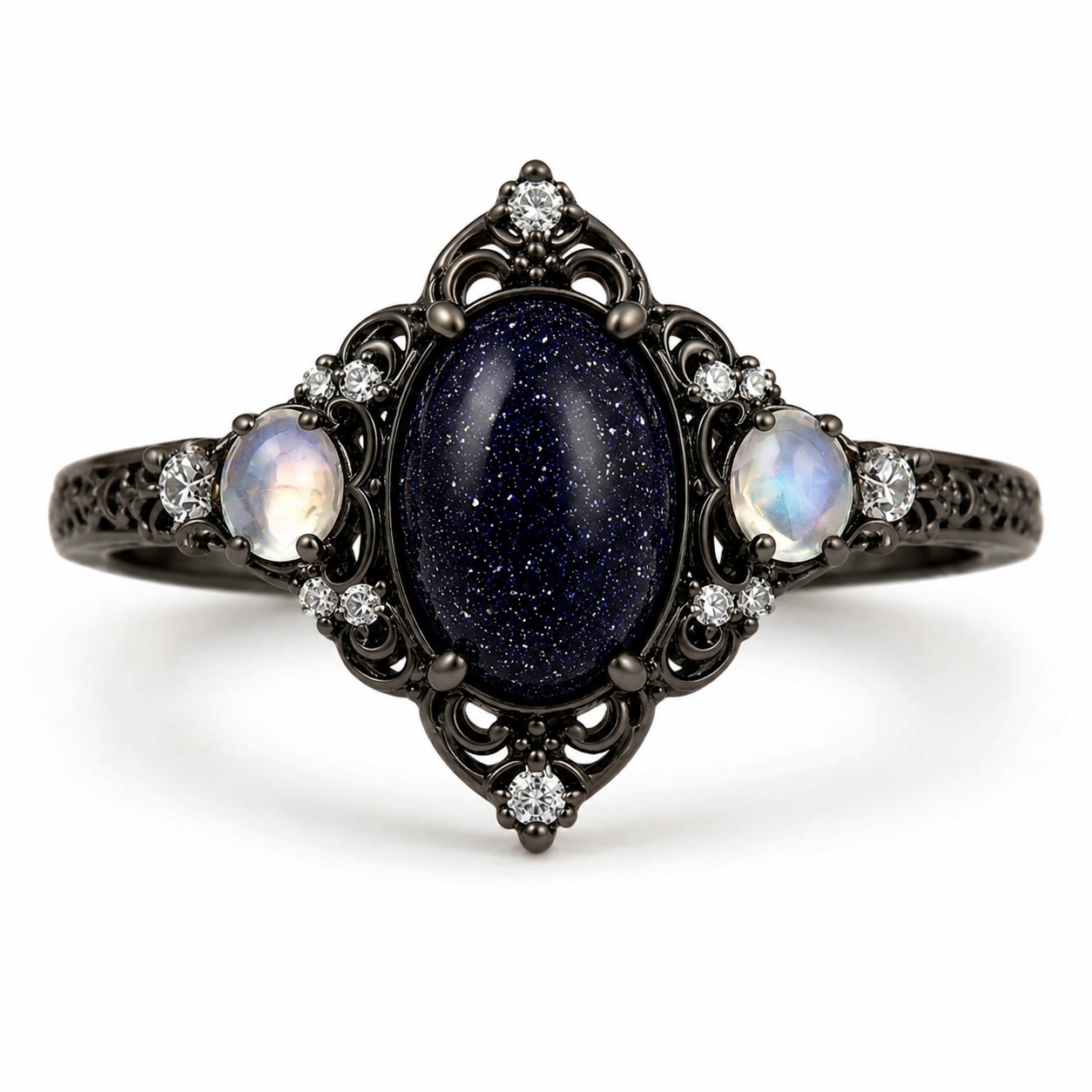Delilah Galaxy Blue Sandstone and Moonstone Ring Black Gold