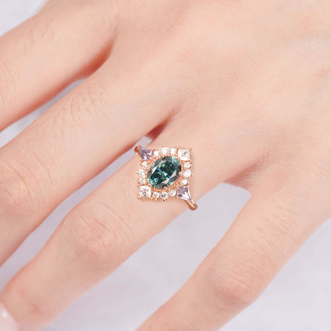 Rose gold sapphire ring with teal sapphire and amethyst