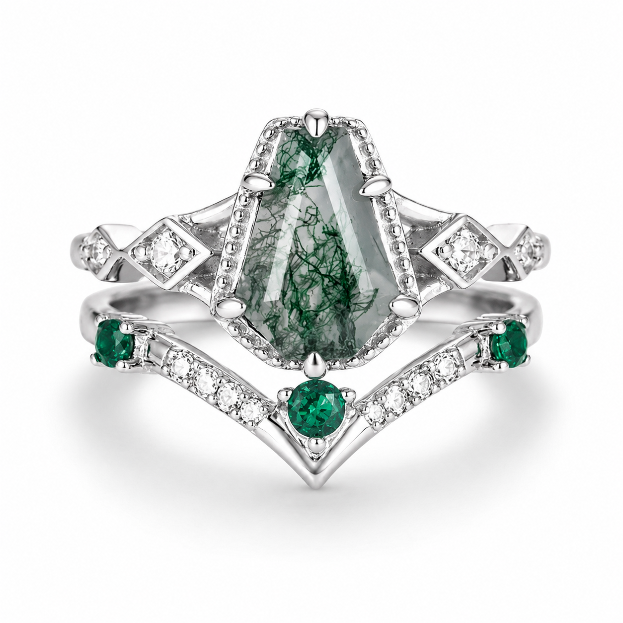 Atra Coffin Cut Moss Agate and Emerald Ring Set