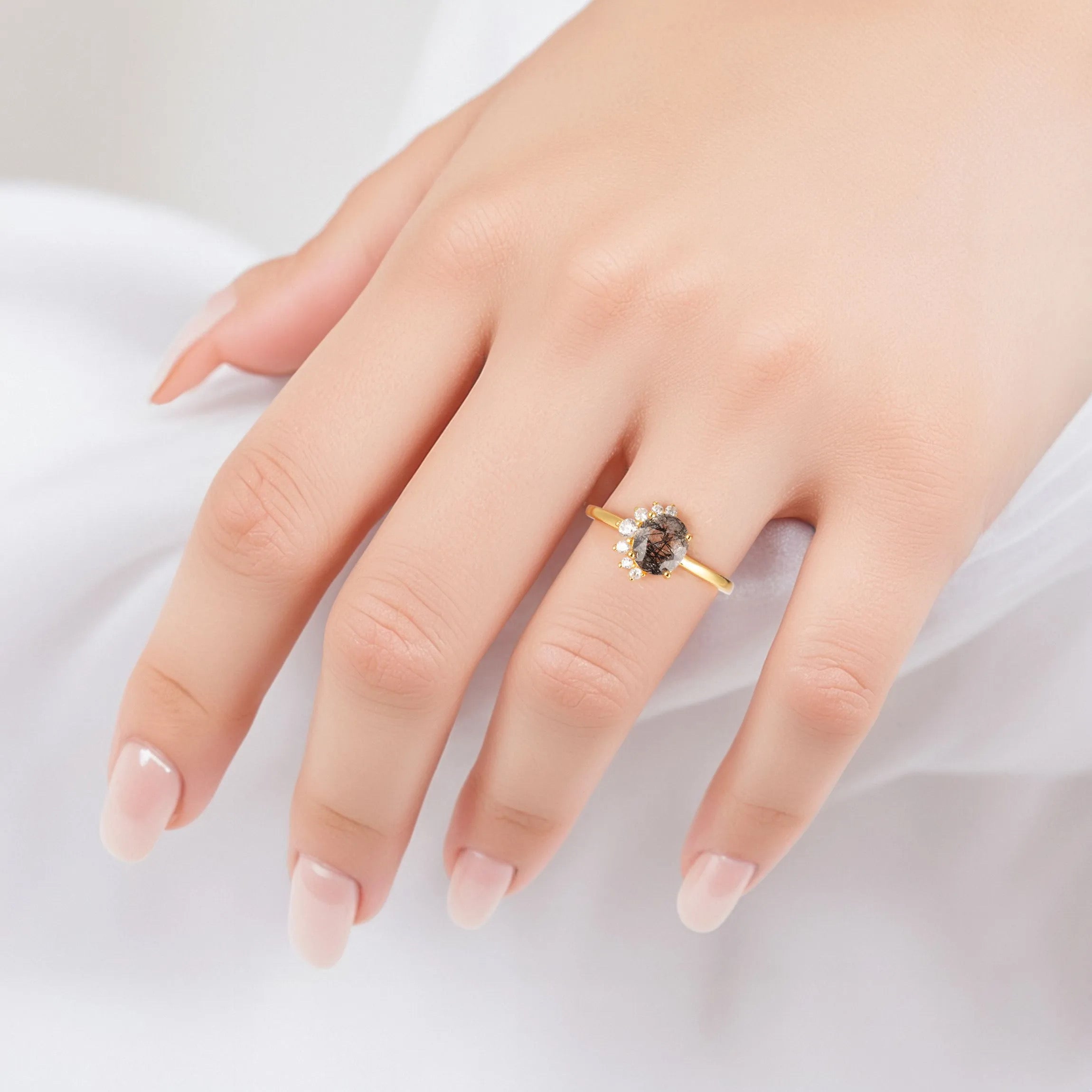 Ari Black Rutilated Quartz Ring with Gemstone and Crystals