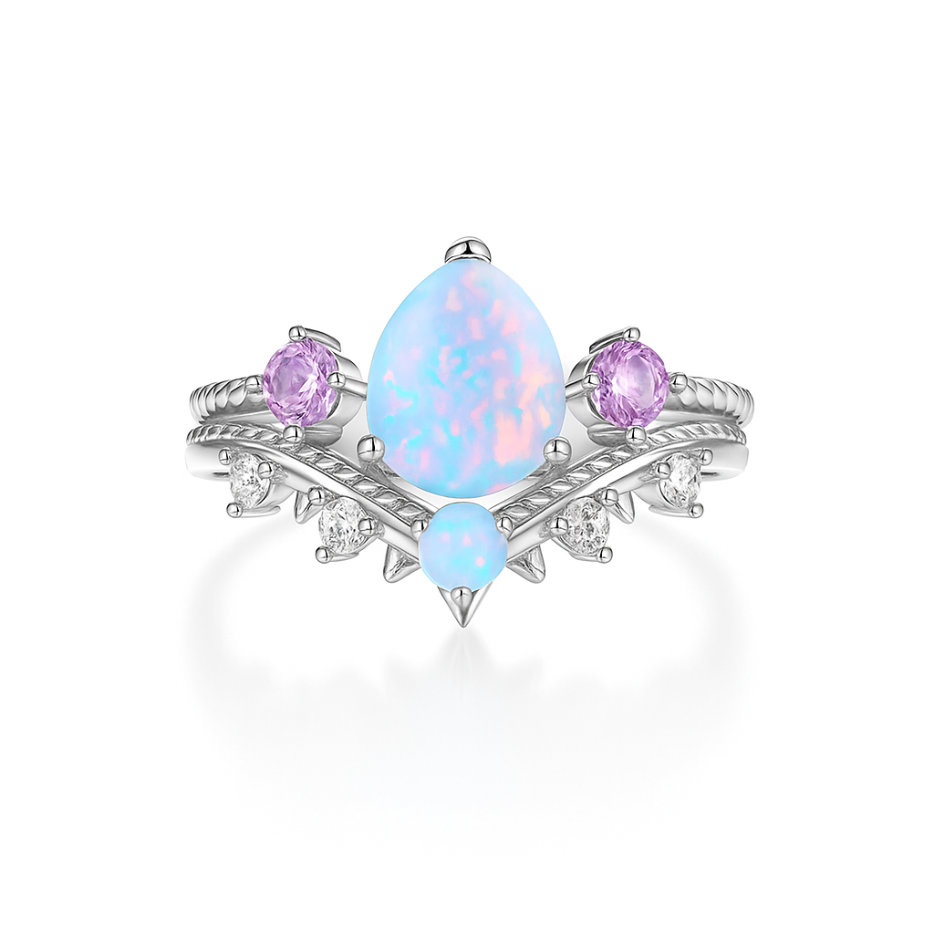 April Opal and Amethyst Ring Set Sterling Silver