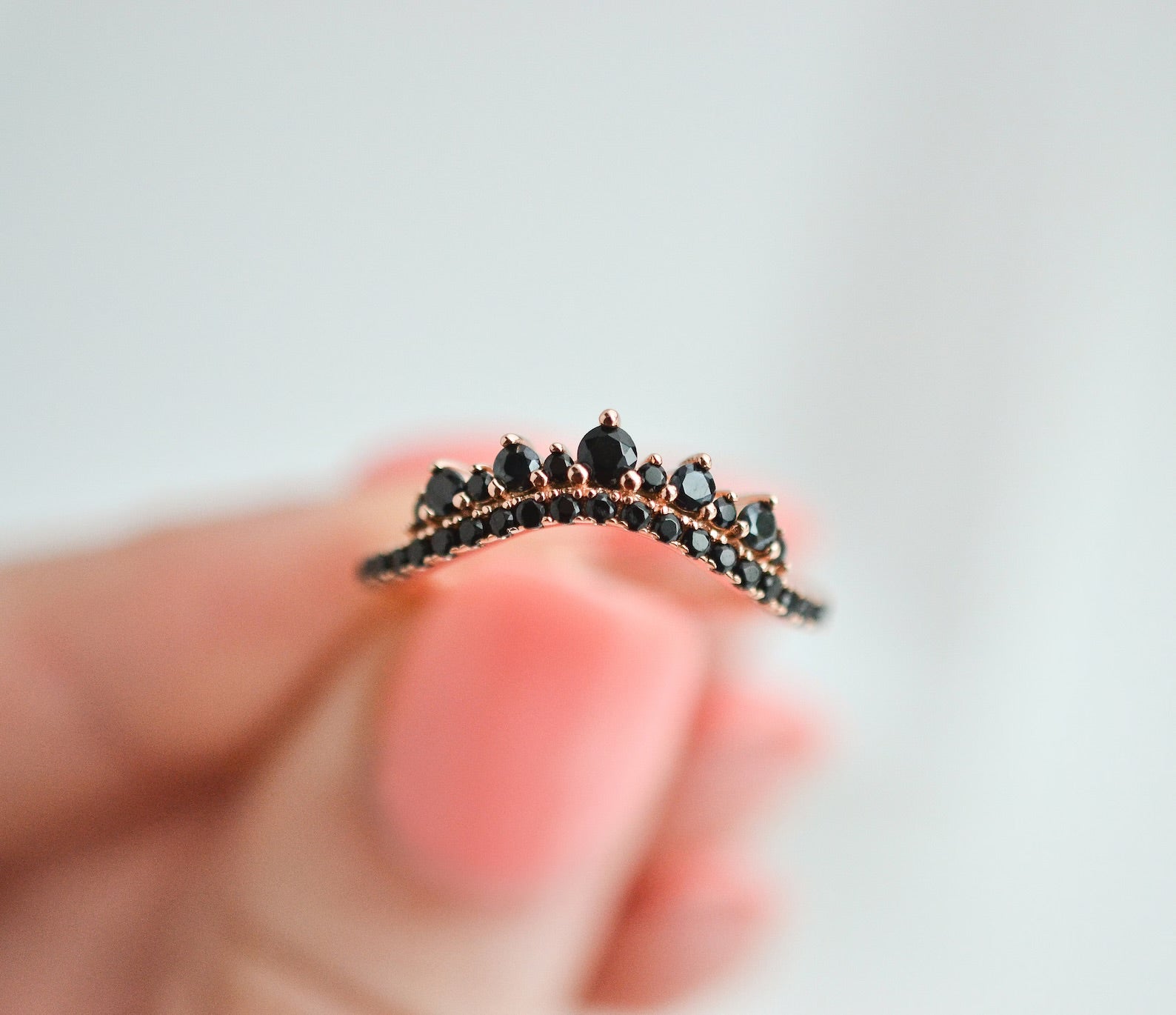 Black Onyx Ring in Rose Gold with Curved Crown Design