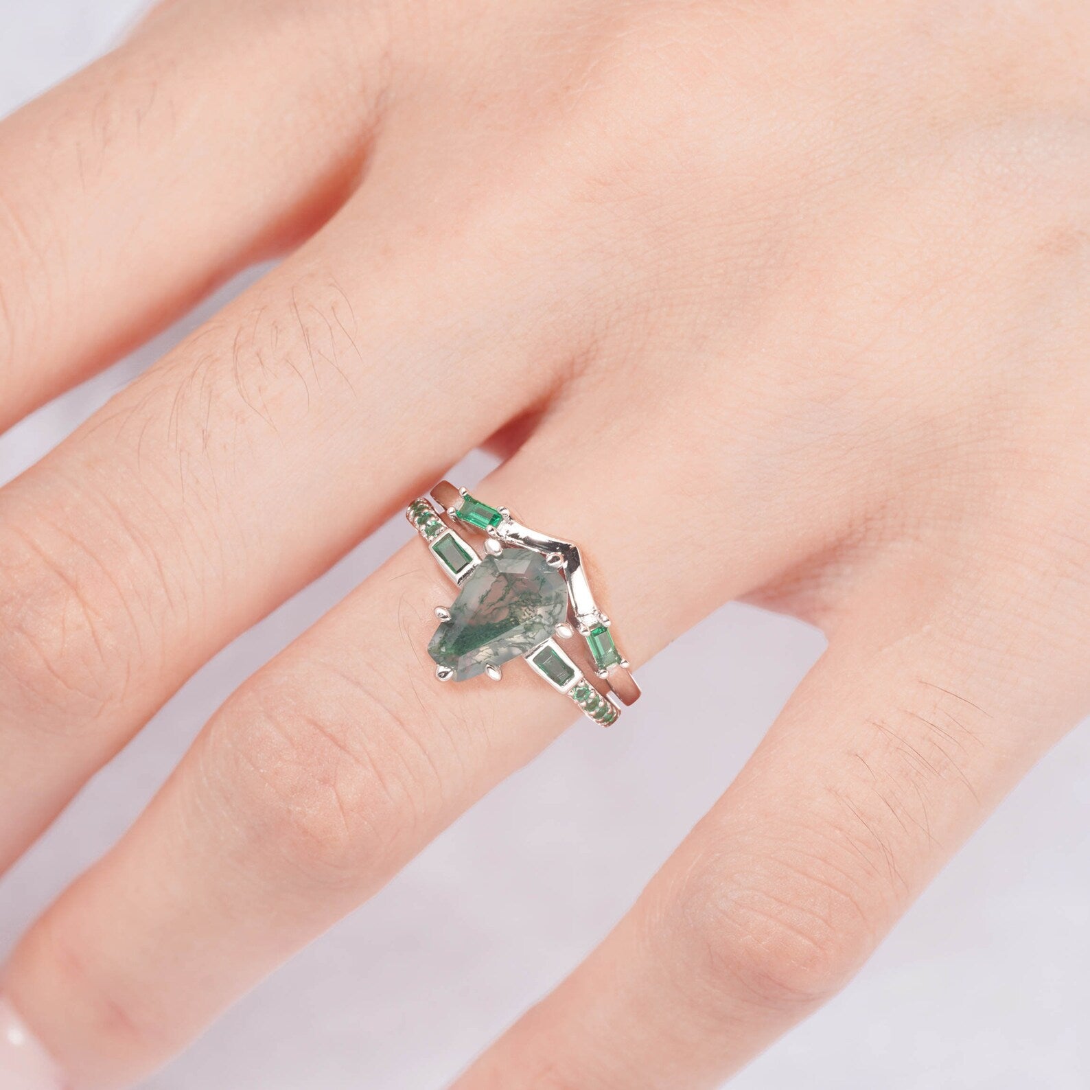 Amy Moss Agate Ring Set with Emeralds in Sterling Silver