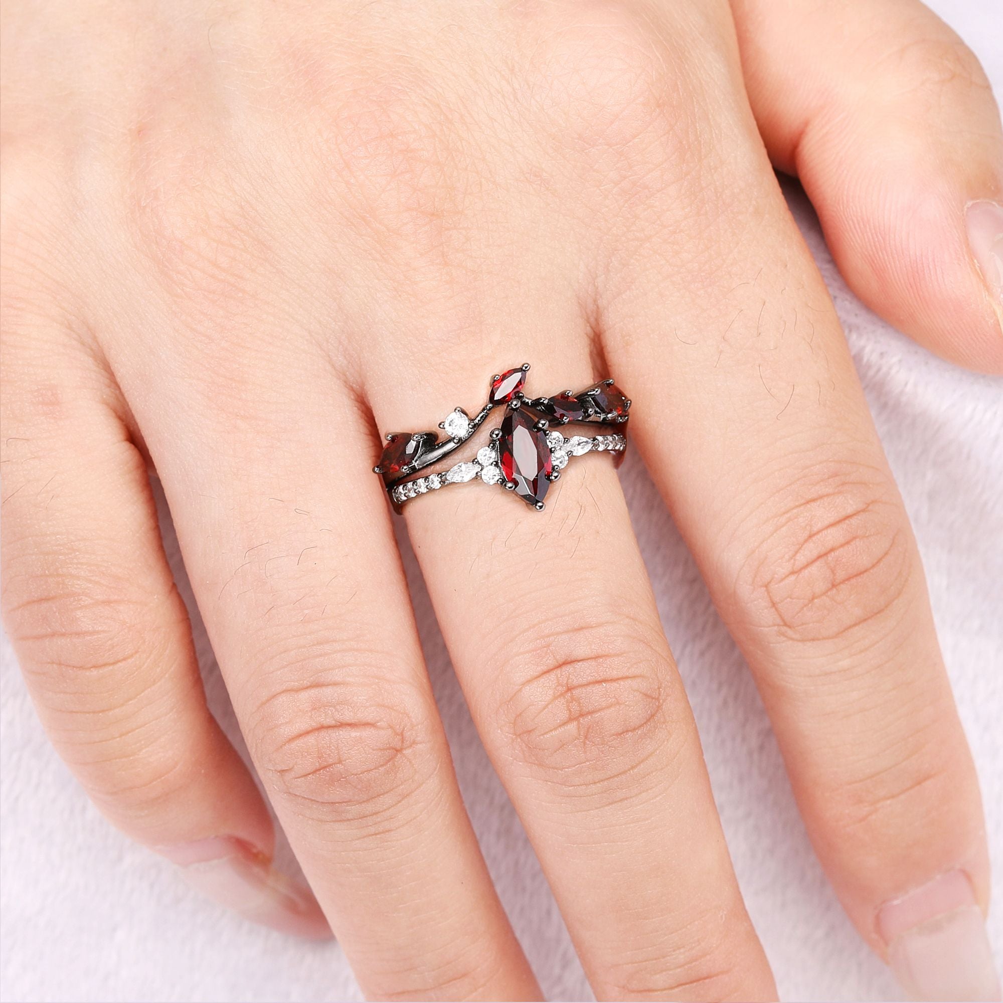Maggie Natural Red Garnet Black Gold Couple's Ring Set