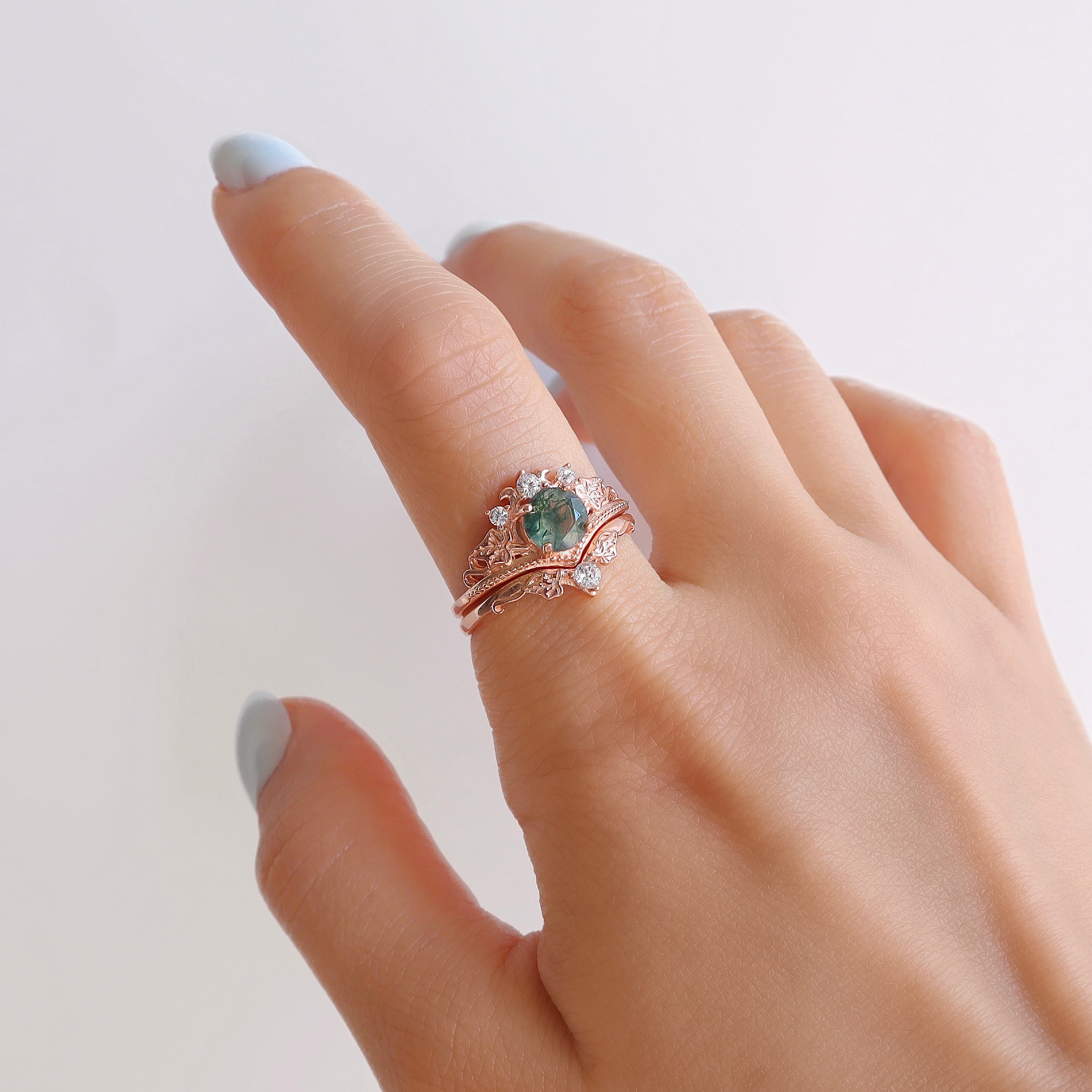 Rose Gold Moss Agate Ring Set with Green Agate and Quartz