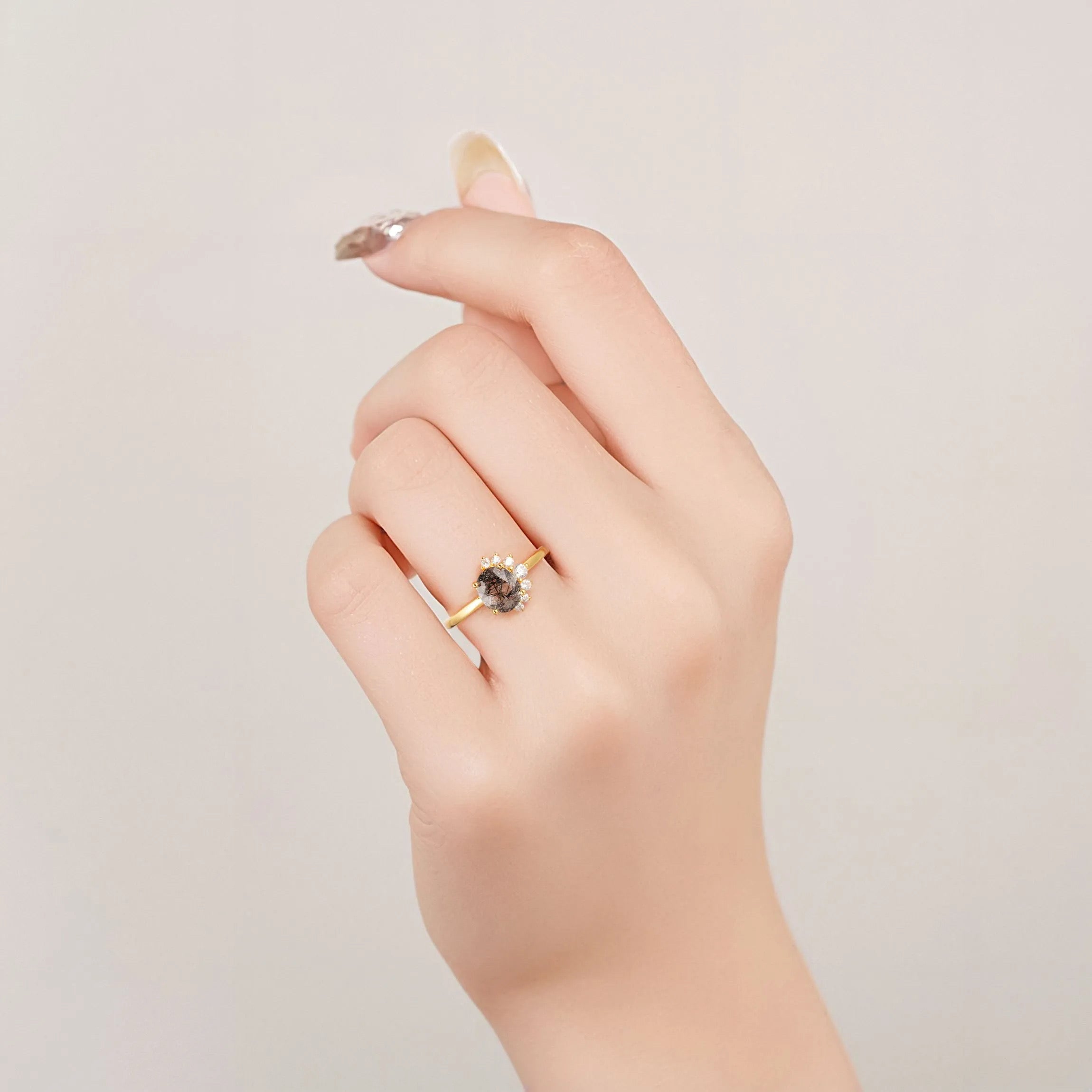 Ari Black Rutilated Quartz Ring with Gemstone and Crystals