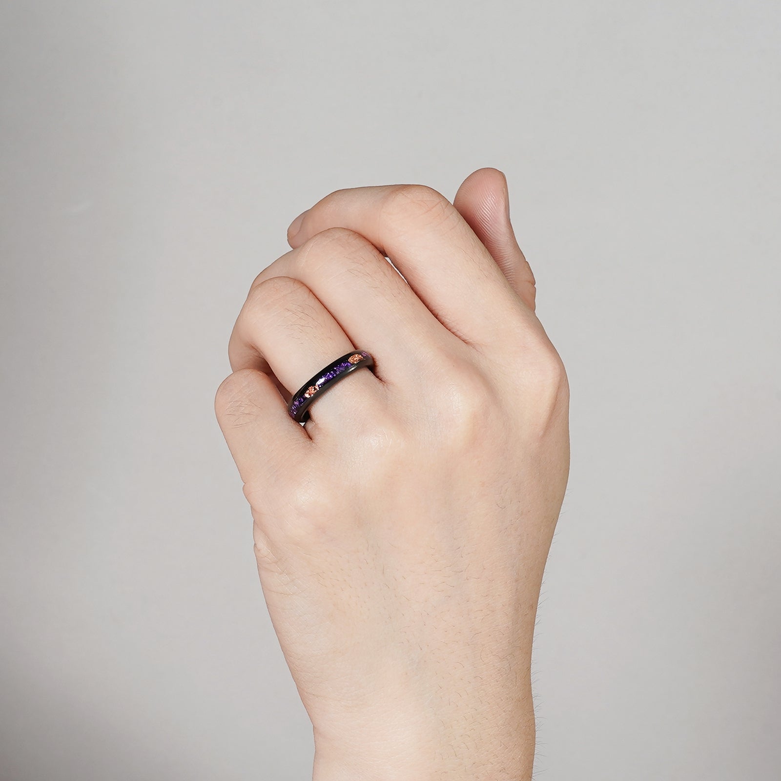 Amethyst and gold leaf black tungsten wedding band