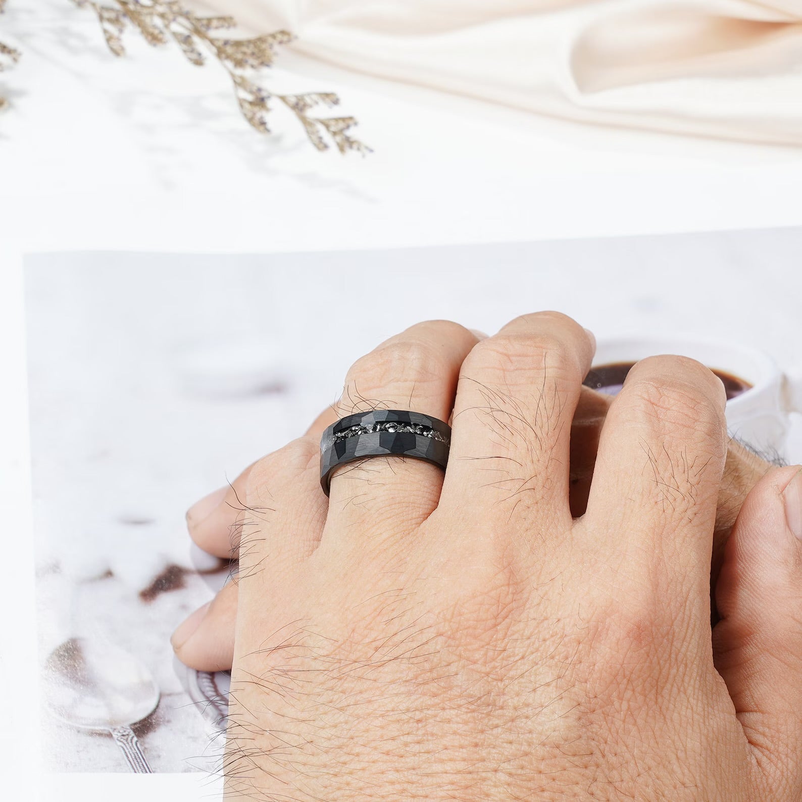 Andrew Meteorite Hammered Tungsten Wedding Band for Men