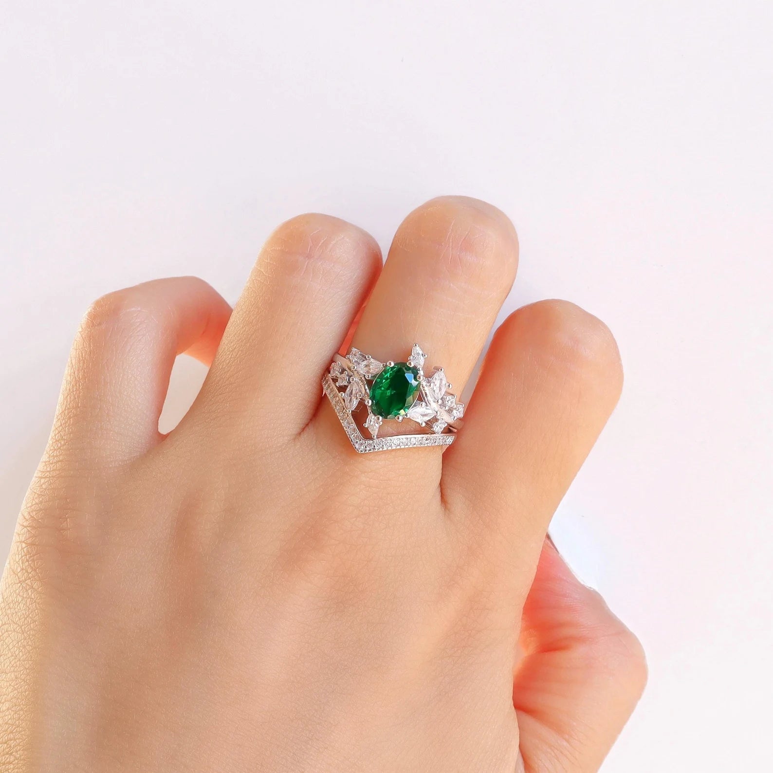 Bella emerald ring set with sterling silver finish