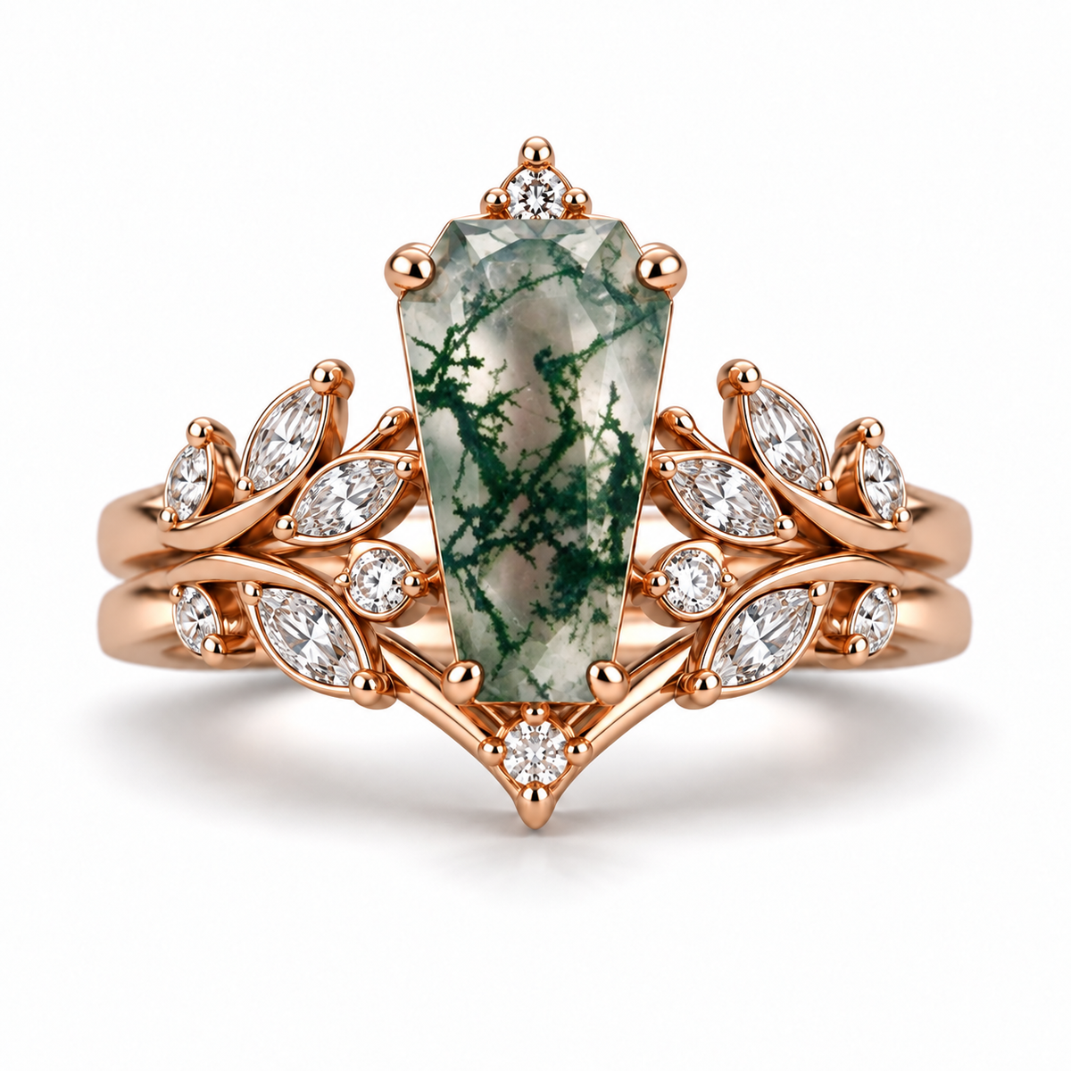 Briellia Coffin Cut Moss Agate Ring Set Rose Gold