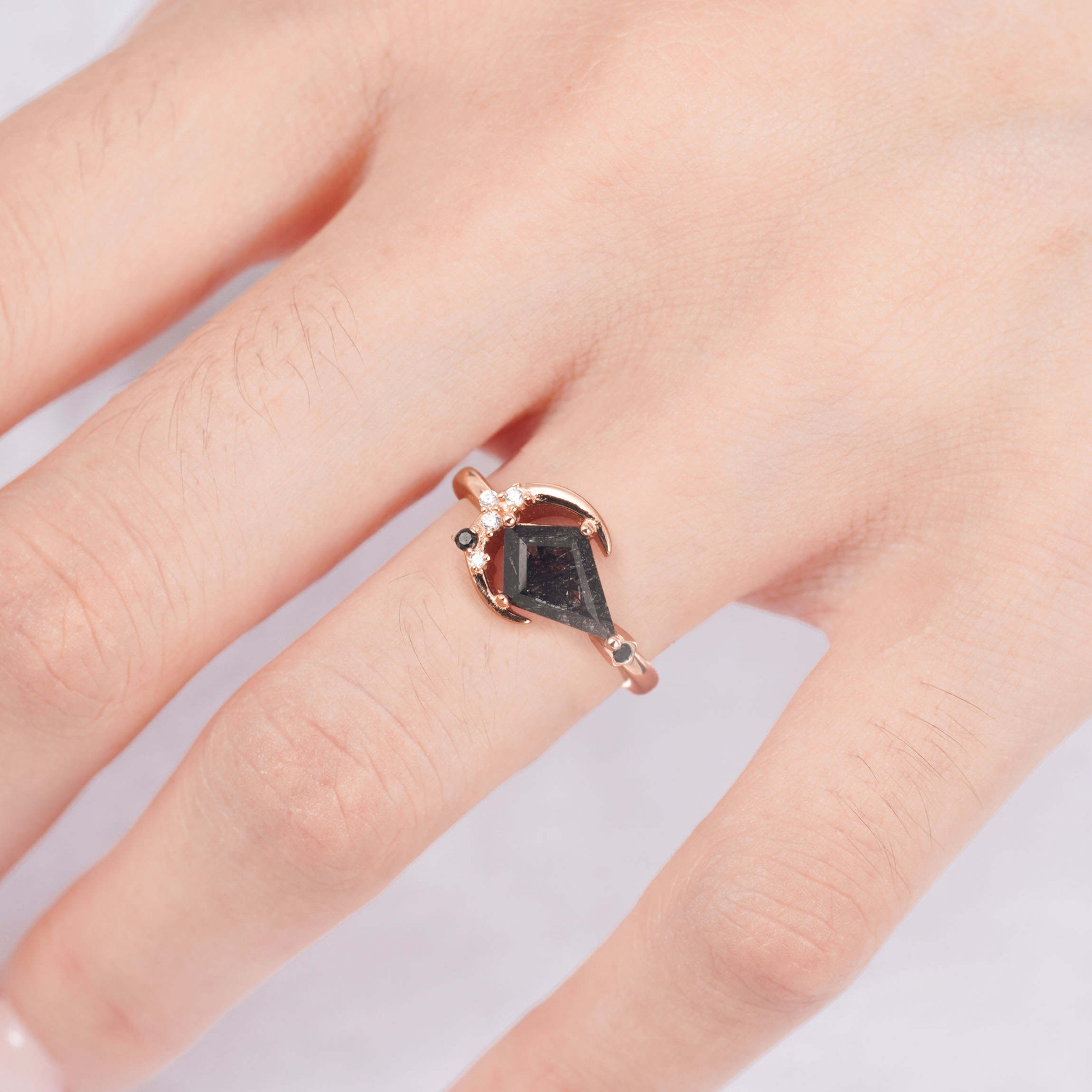 Black Rutilated Quartz Ring with Kite-Cut Gemstone