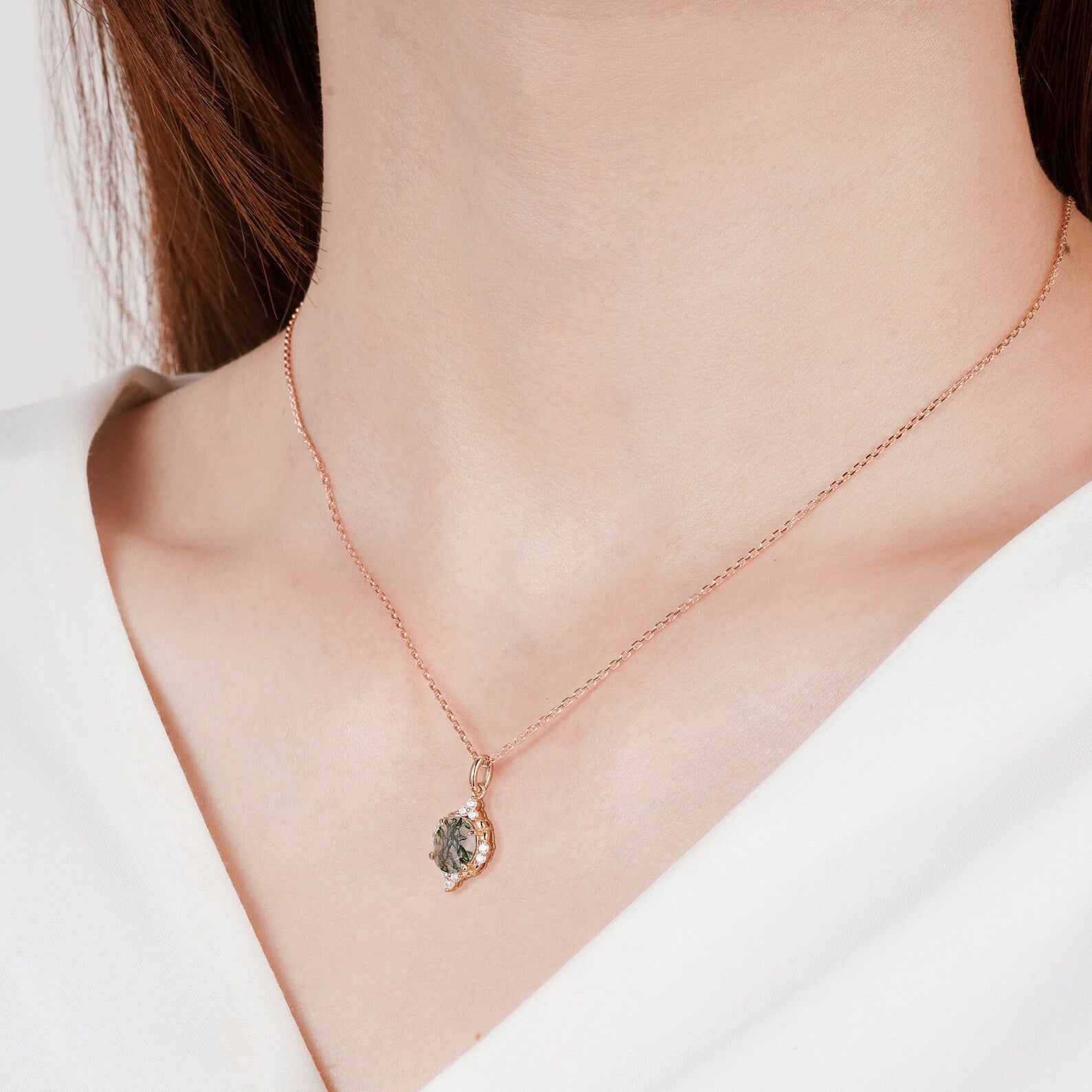 Brya Moss Agate Necklace Rose Gold
