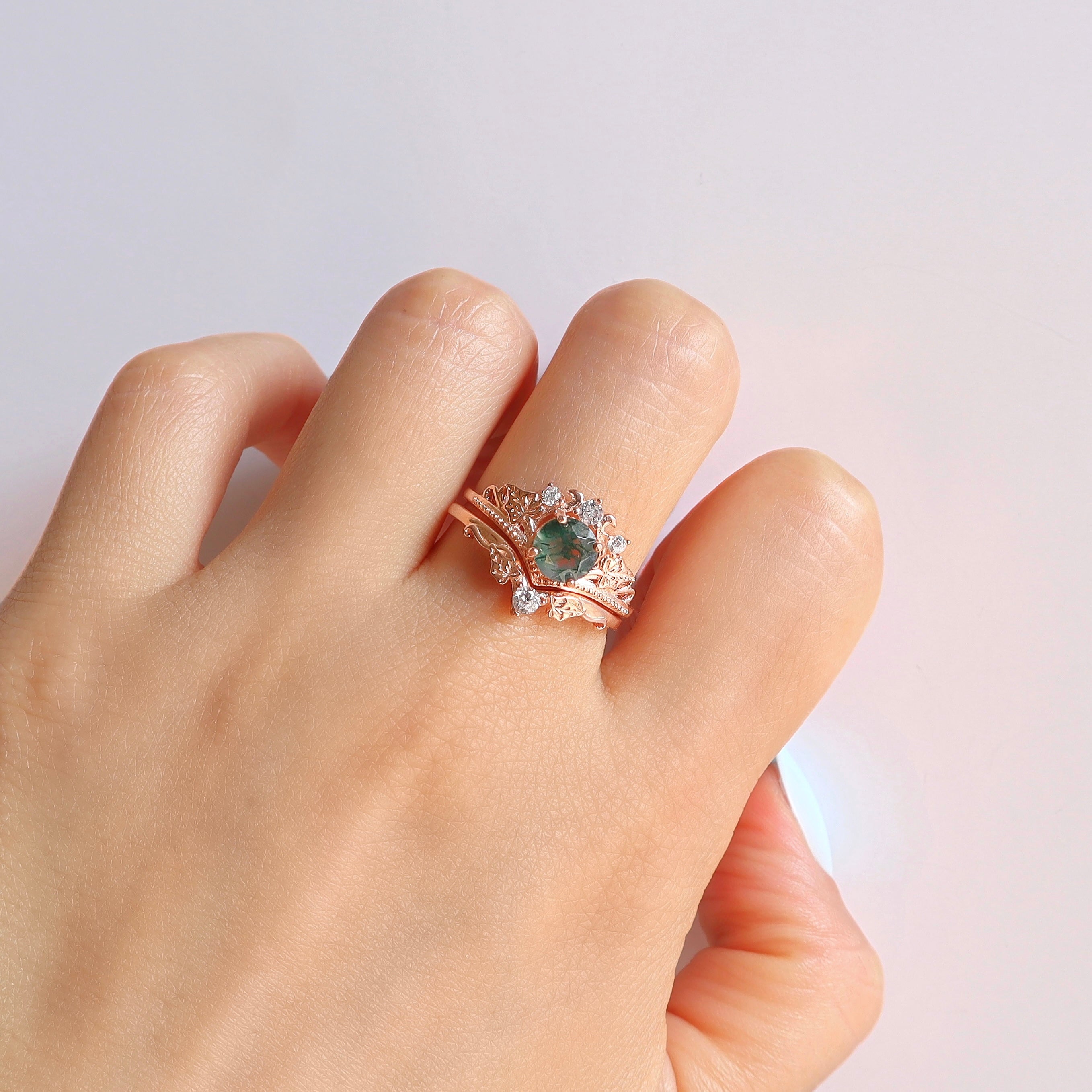 Rose Gold Moss Agate Ring Set with Green Agate and Quartz