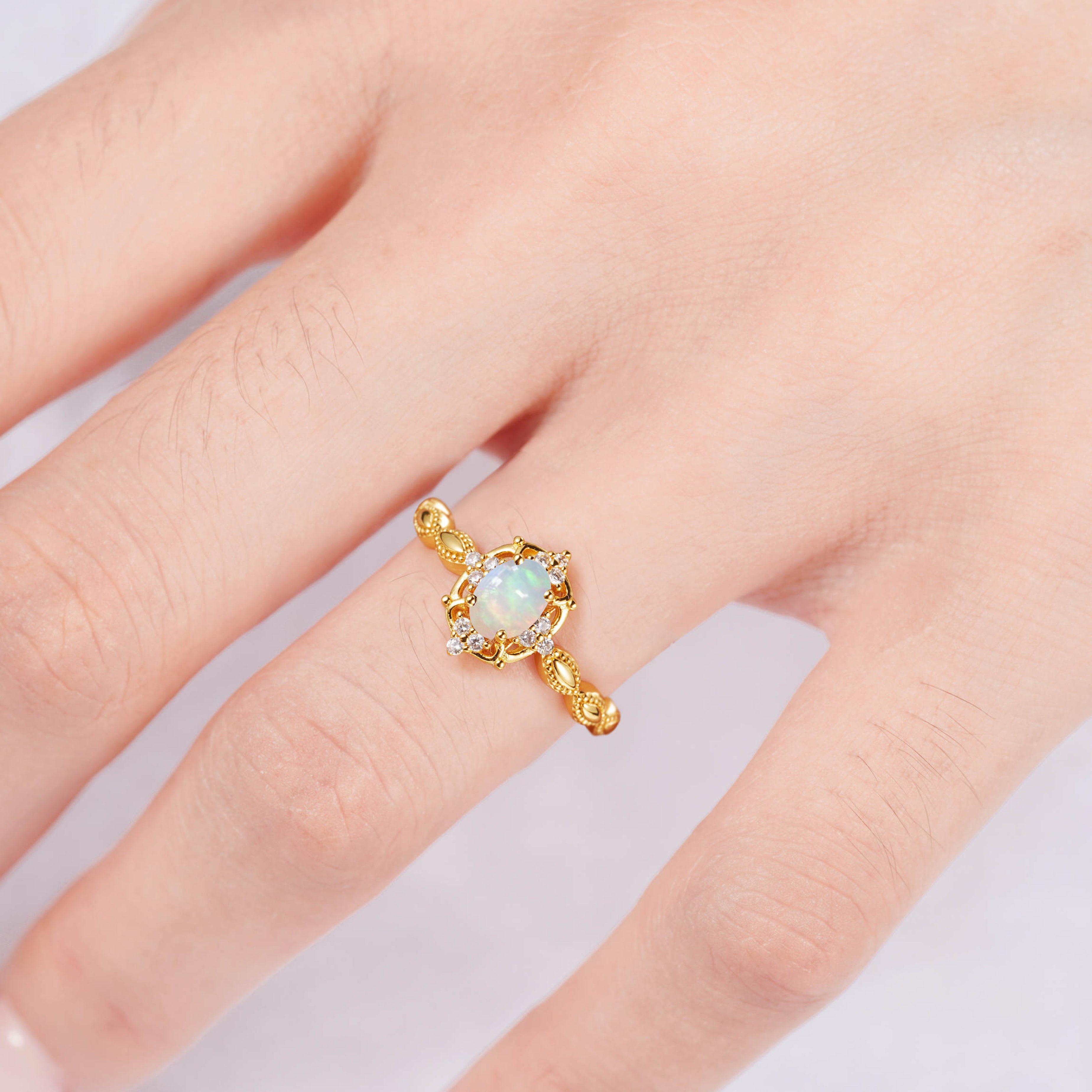Fia Opal Ring Rose Gold with natural opal and crystal accents