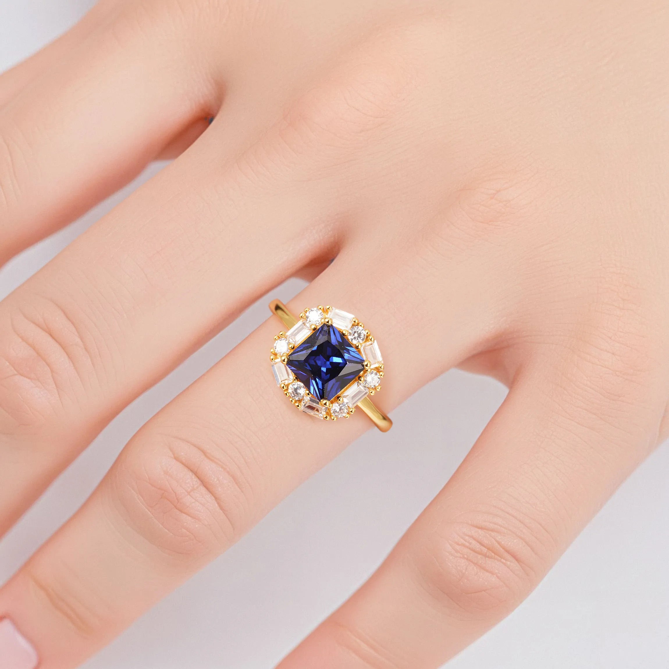 Blue sapphire ring in gold vermeil with CZ accents