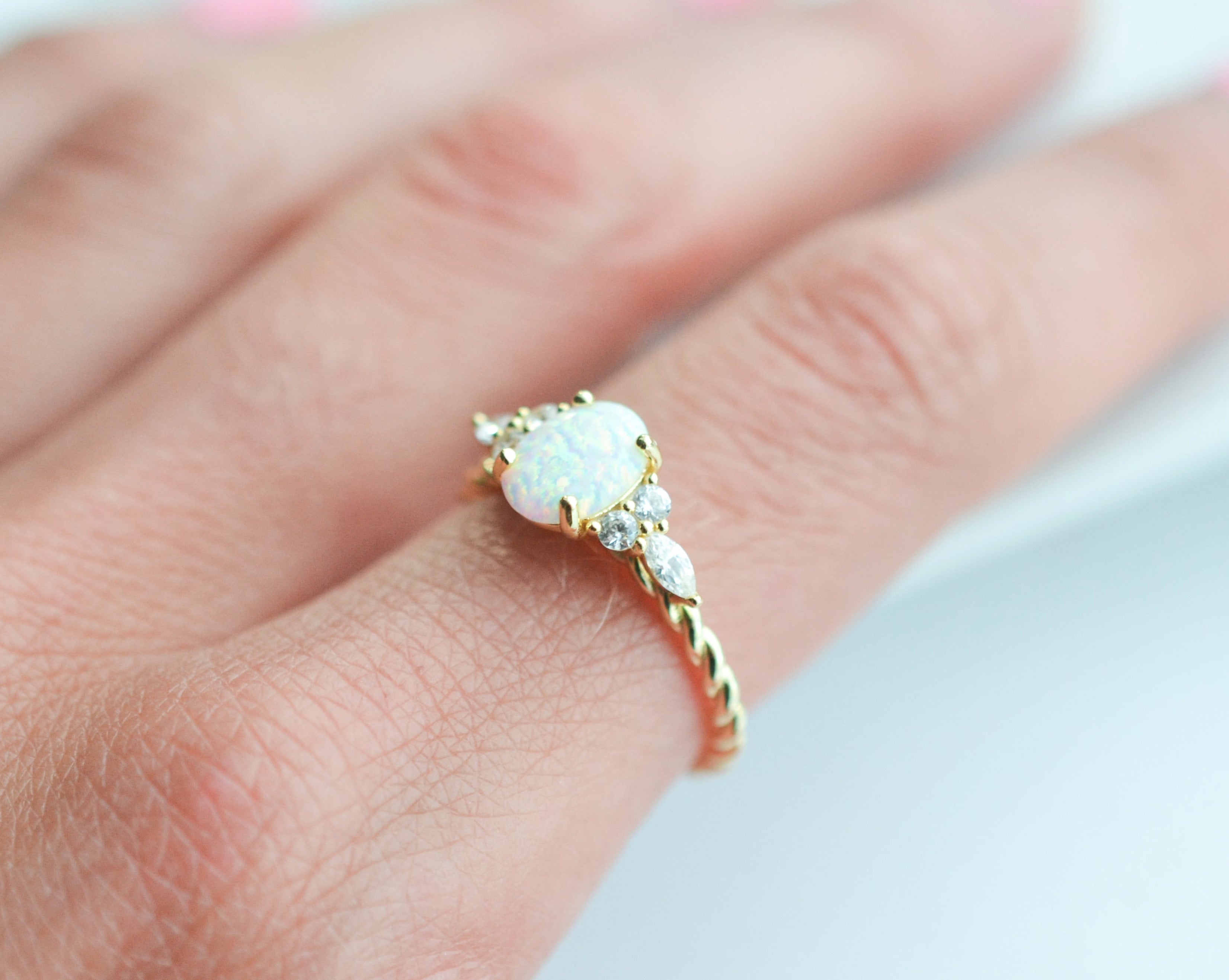 Gold Opal Ring with color-changing opal and crystal accents