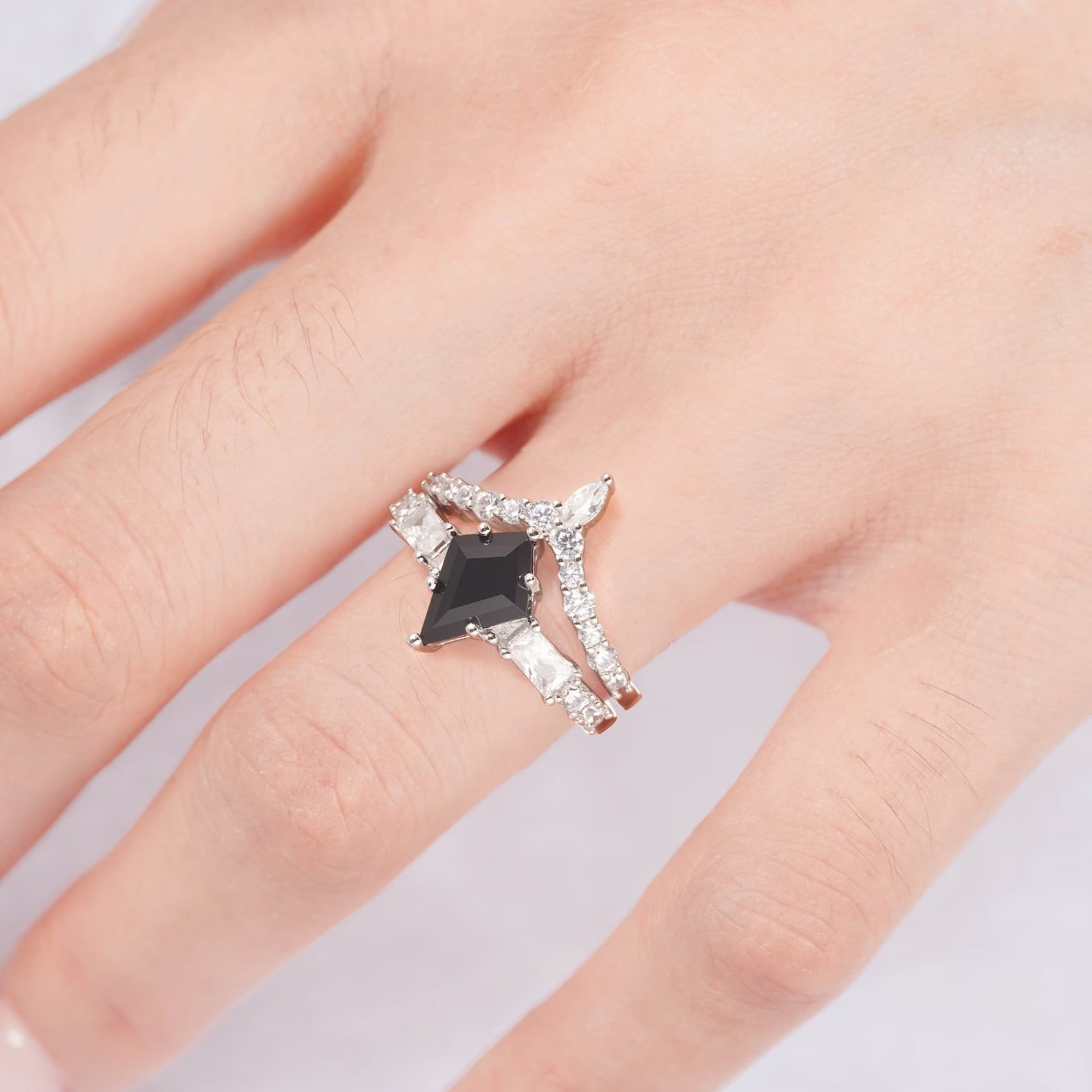 Black onyx ring in sterling silver with crystal accents