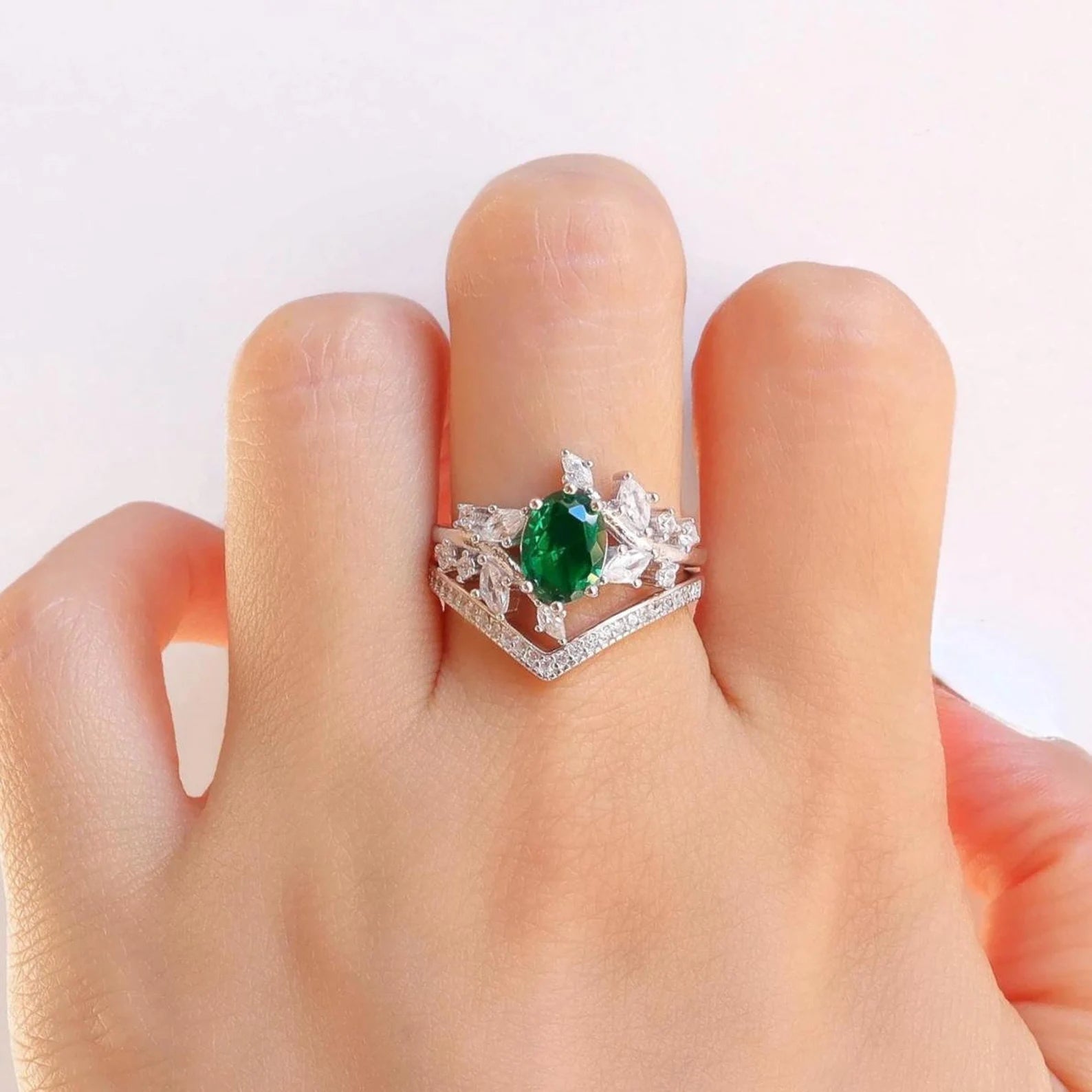 Bella emerald ring set with sterling silver finish