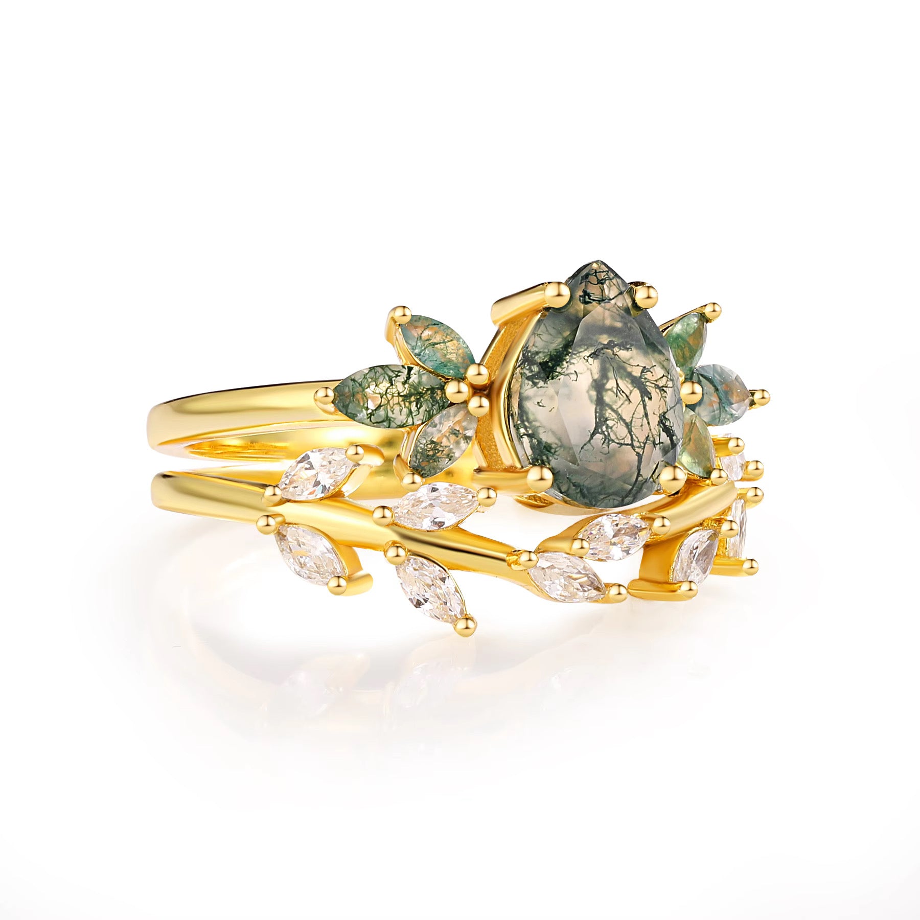 Ivy Moss Agate Quartz Leaf Ring Set Gold