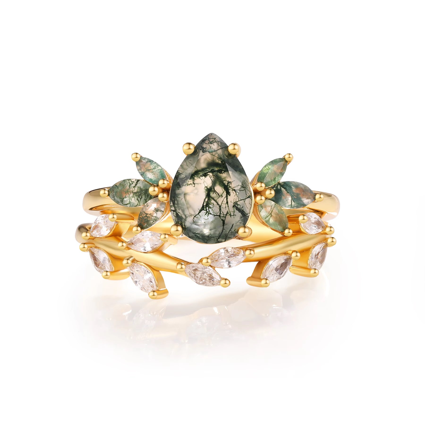 Ivy Moss Agate Quartz Leaf Ring Set Gold