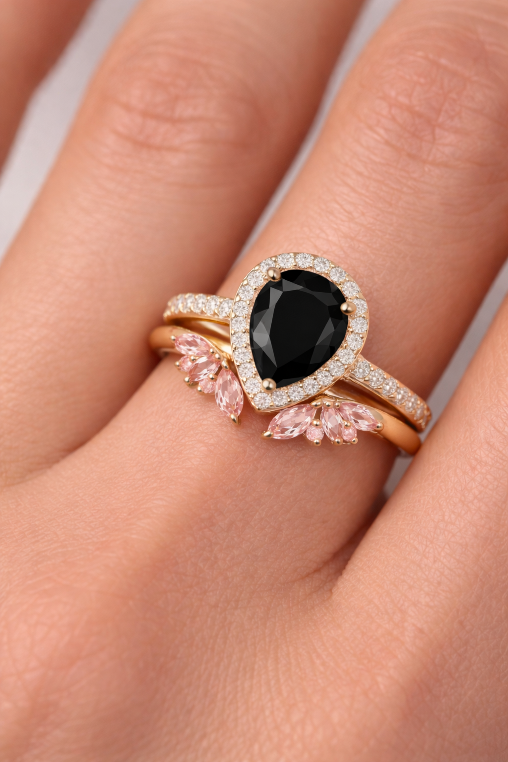 Nia & Hye Black Onyx Morganite Ring Set