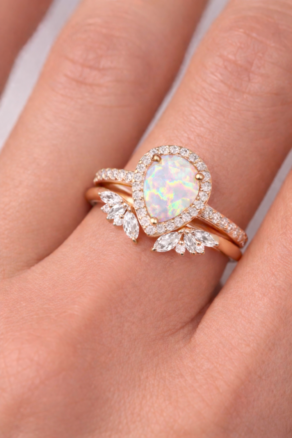 Nia White Fire Opal Ring Set Rose Gold