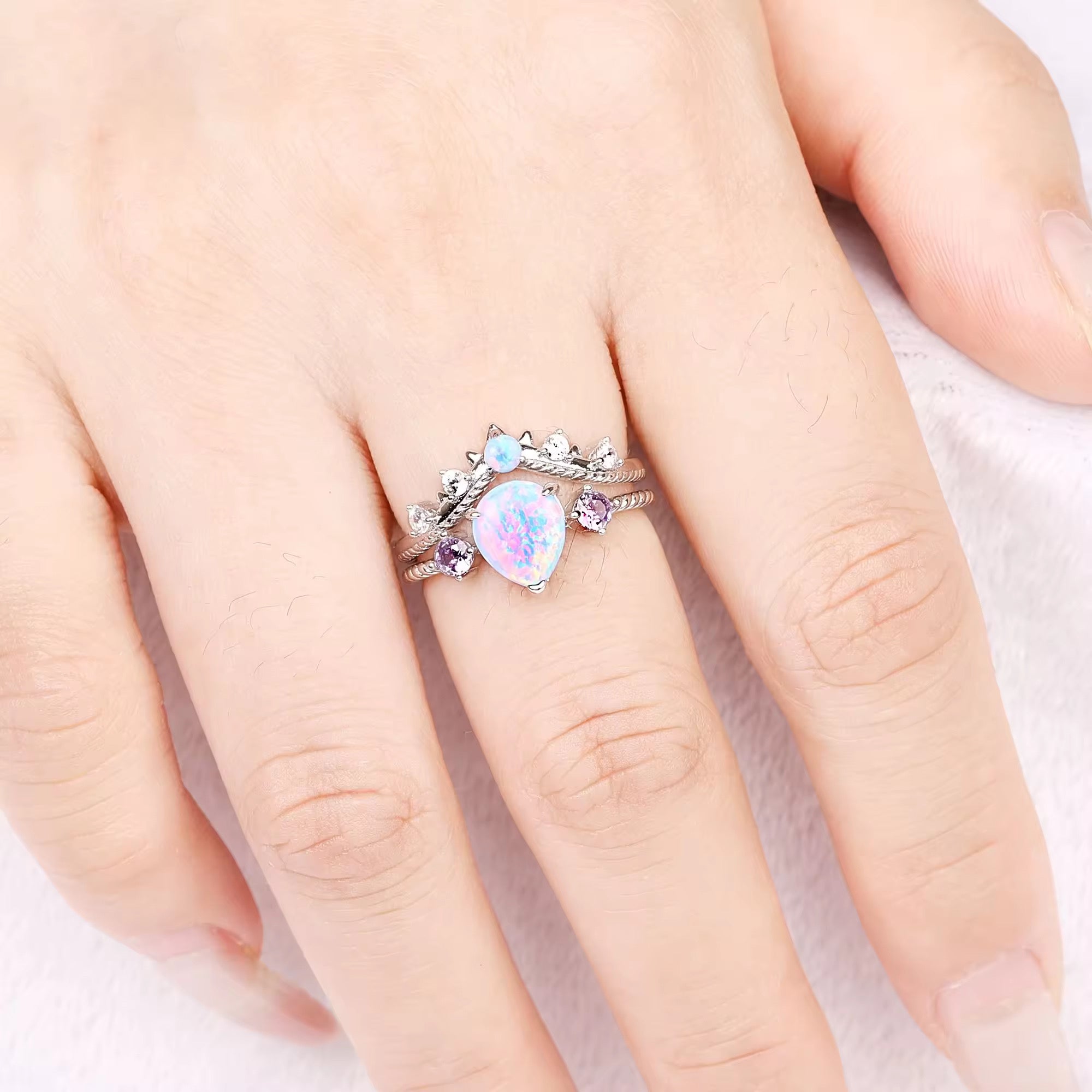 April Opal and Amethyst Ring Set Sterling Silver