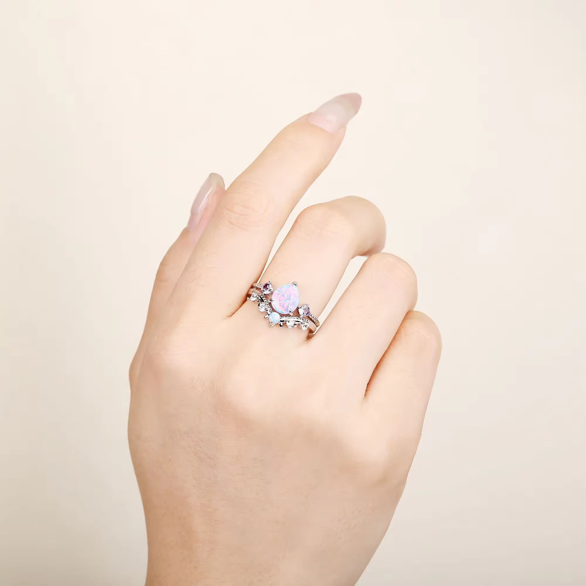 April Opal and Amethyst Ring Set Sterling Silver