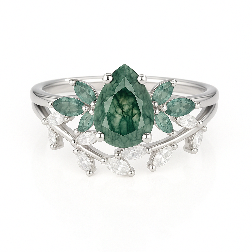 Ivy Moss Agate Quartz Leaf Ring Set Gold