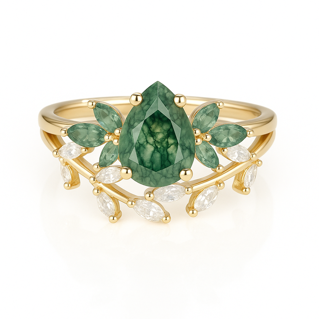 Ivy Moss Agate Quartz Leaf Ring Set Gold