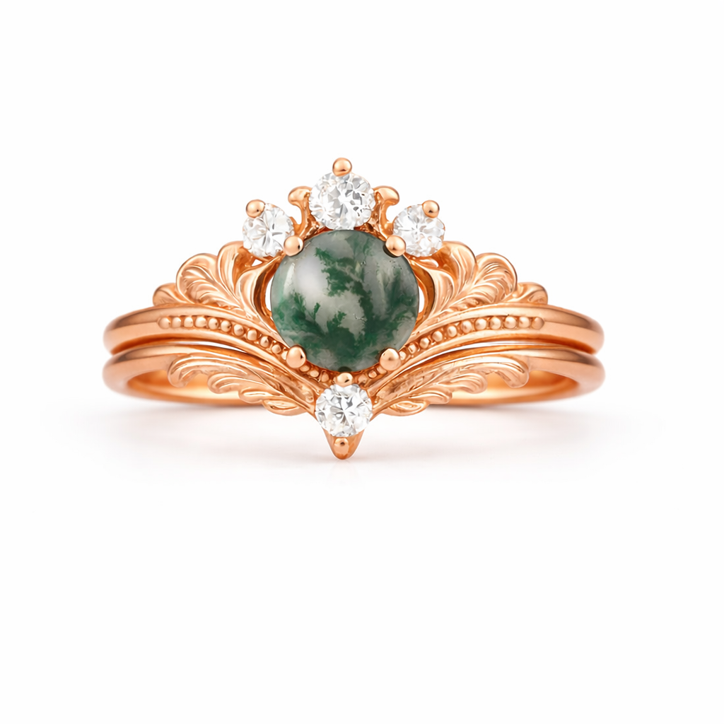 Ashla Moss Agate Ring Set Rose Gold