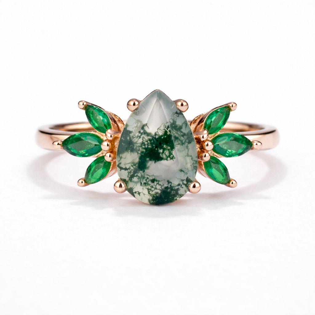 Ivy Moss Agate and Emerald Ring Rose Gold