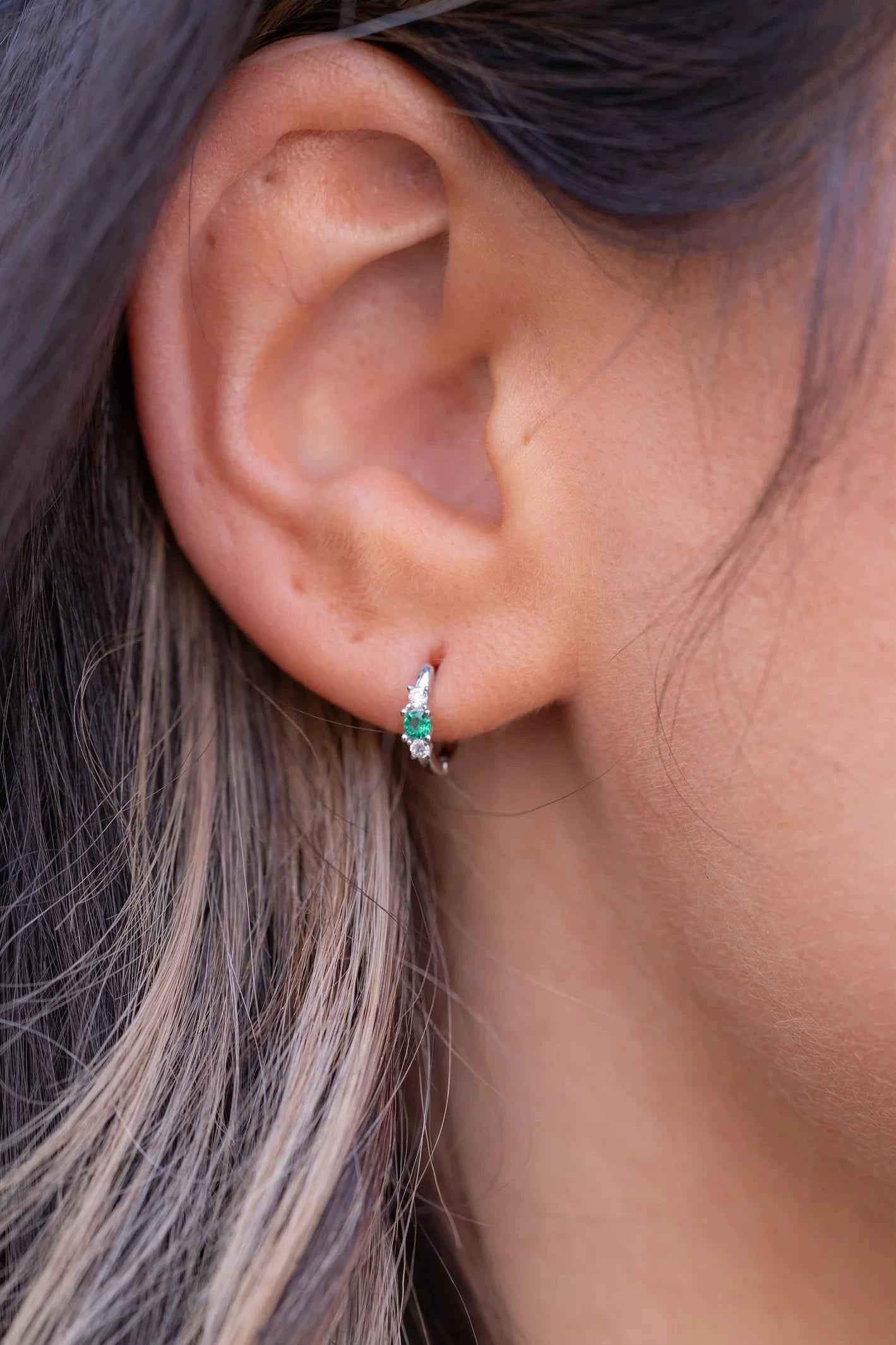 Geo Dainty Emerald Hoop Earrings Sterling Silver