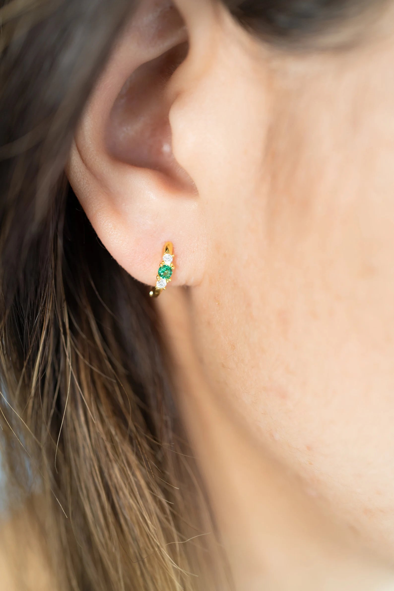 Geo Dainty Emerald Hoop Earrings Gold