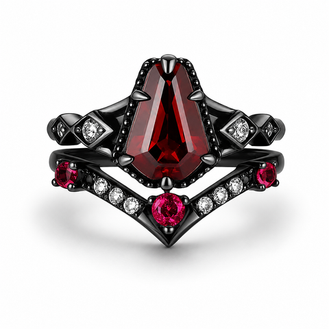 Atra Coffin Cut Garnet Pink Sapphire Black Gold Ring Set by Kherish
