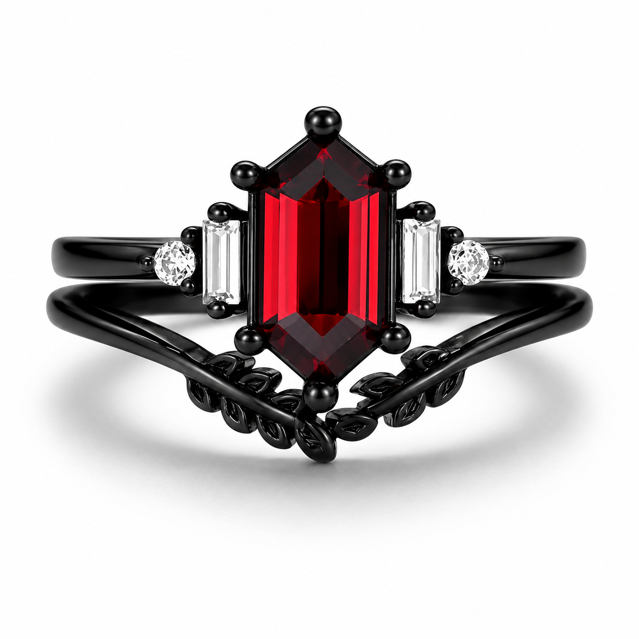 Desi Garnet and Black Gold Leaf Ring Set