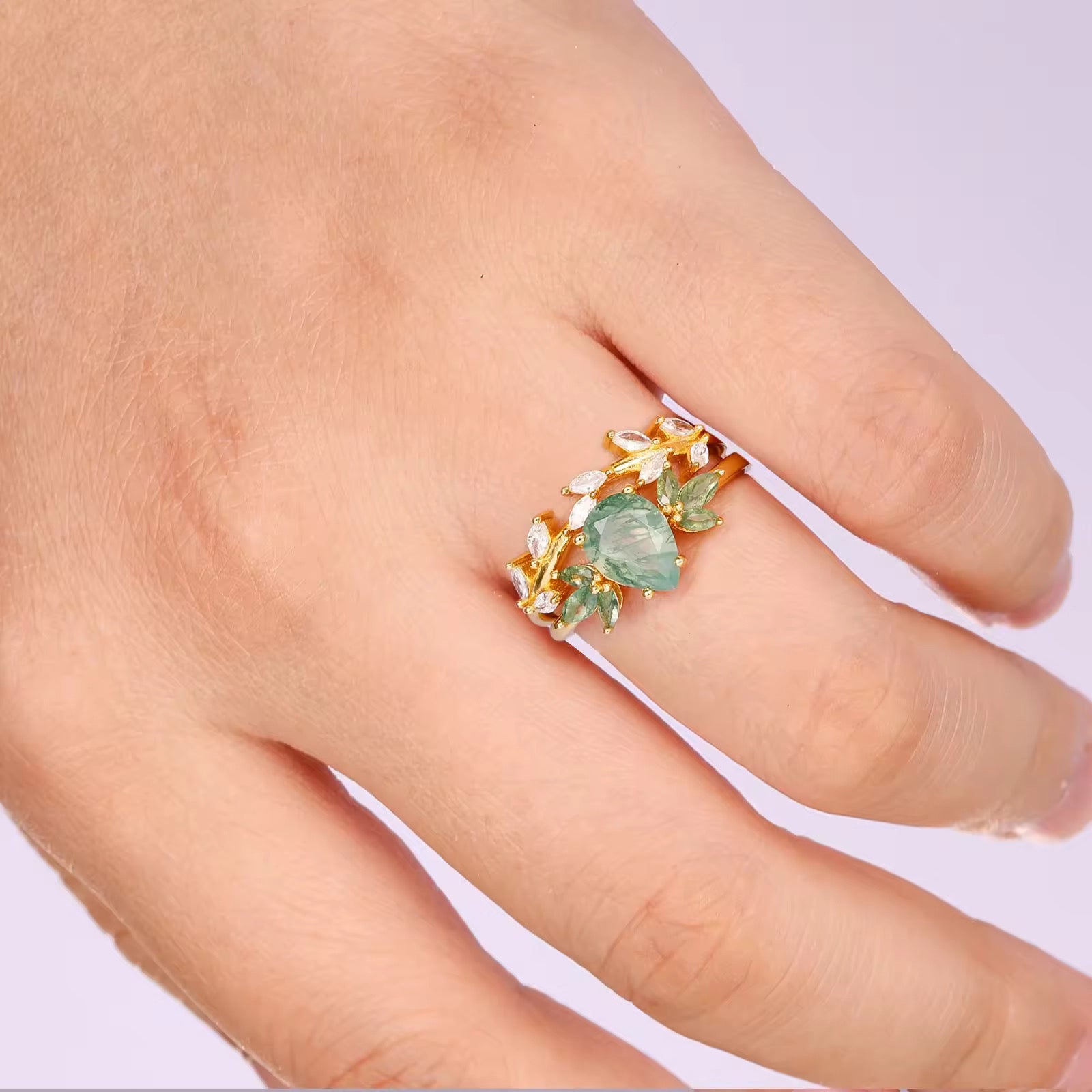 Ivy Moss Agate Quartz Leaf Ring Set Gold