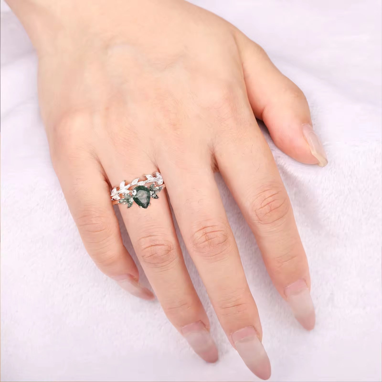 Ivy Moss Agate Quartz Leaf Ring Set Sterling Silver