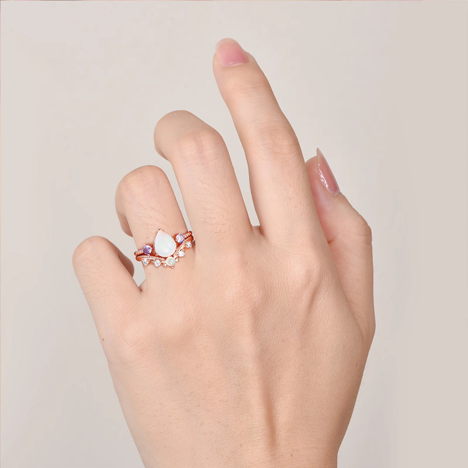 April Natural Opal and Amethyst Ring Set Rose Gold