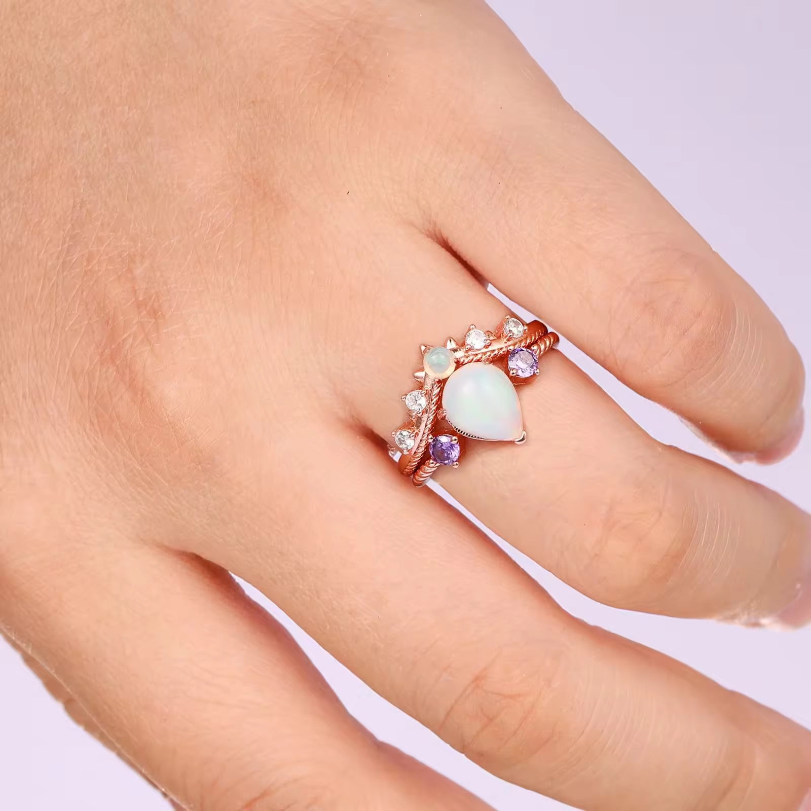 April Natural Opal and Amethyst Ring Set Rose Gold