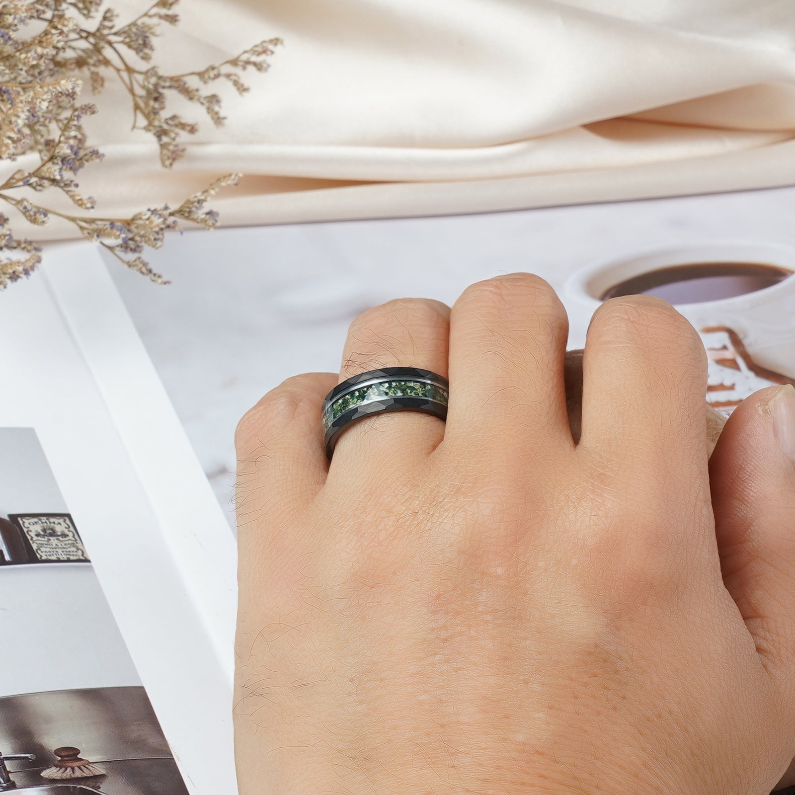 Steve Green Moss Agate Tungsten Carbide Ring for Men